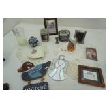 Decor Lot: Ceramic Bell, picture frames, tin, and more