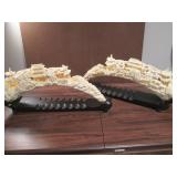 Two Vintage Chinese Traditional Composite Hand Carved Plastic Horn W/ Wooden Stand