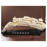 Two Vintage Chinese Traditional Composite Hand Carved Plastic Horn W/ Wooden Stand