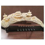 Two Vintage Chinese Traditional Composite Hand Carved Plastic Horn W/ Wooden Stand