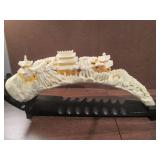 Two Vintage Chinese Traditional Composite Hand Carved Plastic Horn W/ Wooden Stand