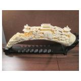 Two Vintage Chinese Traditional Composite Hand Carved Plastic Horn W/ Wooden Stand