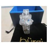 1 BURGI LADIES SILVER TONE MOTHER OF PEARL AND CRYSTAL CAT WATCH