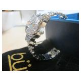 1 BURGI LADIES SILVER TONE MOTHER OF PEARL AND CRYSTAL CAT WATCH