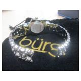 1 BURGI LADIES SILVER TONE MOTHER OF PEARL AND CRYSTAL CAT WATCH