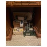 Wooden Roll-Top Desk with Drawers and Office Supplies