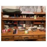 Wooden Roll-Top Desk with Drawers and Office Supplies