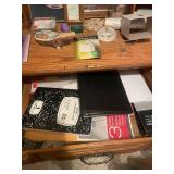 Wooden Roll-Top Desk with Drawers and Office Supplies