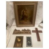Collection of Religious Art and Decor: Framed Jesus Portrait, Last Supper Carving, Cross, Prayers