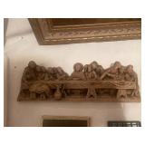 Collection of Religious Art and Decor: Framed Jesus Portrait, Last Supper Carving, Cross, Prayers