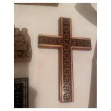 Collection of Religious Art and Decor: Framed Jesus Portrait, Last Supper Carving, Cross, Prayers