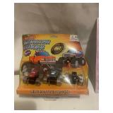 Collection of 6 Toy Sets including Mini Monster Trucks and Porcelain Tea Set
