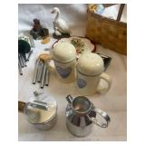 Assorted Decor and Household Lot with Figurines, Basket, and Wind Chimes