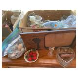 Collection of Assorted Decorative Figurines, Vintage Glassware, and Bird Clock