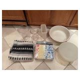 Assorted Kitchen Items, Glass Vases, and Texan Blanket