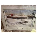 Framed Winter Scene Art Print and Set of 2 Cardinal Figurines