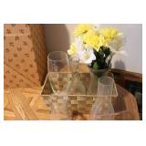 basket of glass vases and small art...