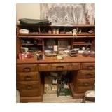 Wooden Roll-Top Desk with Drawers and Office Supplies