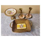 Antique French Woven Basket with Oromul Compote and Candlesticks
