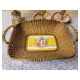 Antique French Woven Basket with Oromul Compote and Candlesticks