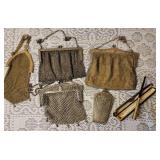 Antique Art Deco Silver Chain Mail Handbag Collection and GF Cigarette Holder
