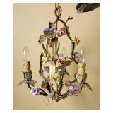 French Metal and Porcelain Flower 3 Light Chandelier