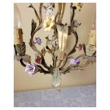 French Metal and Porcelain Flower 3 Light Chandelier