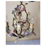 French Metal and Porcelain Flower 3 Light Chandelier