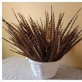 White Ceramic Basket Pheasant Feather Display Centerpiece