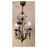 French Metal and Porcelain Floral Stem 3 Light Chandelier