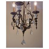 French Metal and Porcelain Floral Stem 3 Light Chandelier