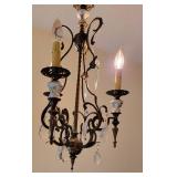 French Metal and Porcelain Floral Stem 3 Light Chandelier