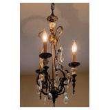 French Metal and Porcelain Floral Stem 3 Light Chandelier