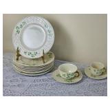 Irish Belleek Shamrock Bread Plates & Two Cups & Saucers