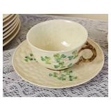 Irish Belleek Shamrock Bread Plates & Two Cups & Saucers