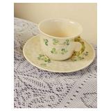 Irish Belleek Shamrock Bread Plates & Two Cups & Saucers