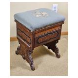Antique East lake Bural Wood Footstool with Needlepoint Cushion