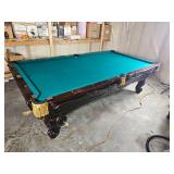 Brunswick Orleans 9-Foot Pool Table: Dark Oak Finish, Rams Head Legs, Gold Fringe Pockets