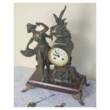 French Victorian Bronze Mantel Clock Women with Basket & Cherub