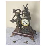 French Victorian Bronze Mantel Clock Women with Basket & Cherub