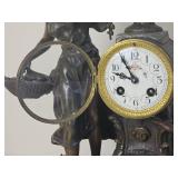 French Victorian Bronze Mantel Clock Women with Basket & Cherub