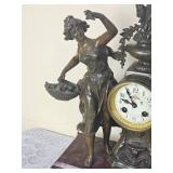 French Victorian Bronze Mantel Clock Women with Basket & Cherub