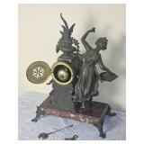French Victorian Bronze Mantel Clock Women with Basket & Cherub
