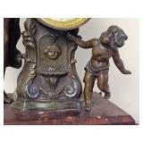 French Victorian Bronze Mantel Clock Women with Basket & Cherub