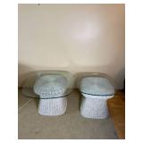White Wicker Mushroom Side Tables with Glass Tops
