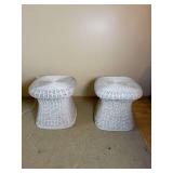 White Wicker Mushroom Side Tables with Glass Tops
