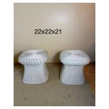 White Wicker Mushroom Side Tables with Glass Tops