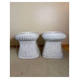 White Wicker Mushroom Side Tables with Glass Tops