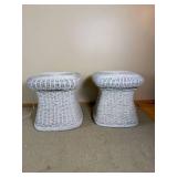 White Wicker Mushroom Side Tables with Glass Tops