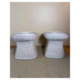 White Wicker Mushroom Side Tables with Glass Tops